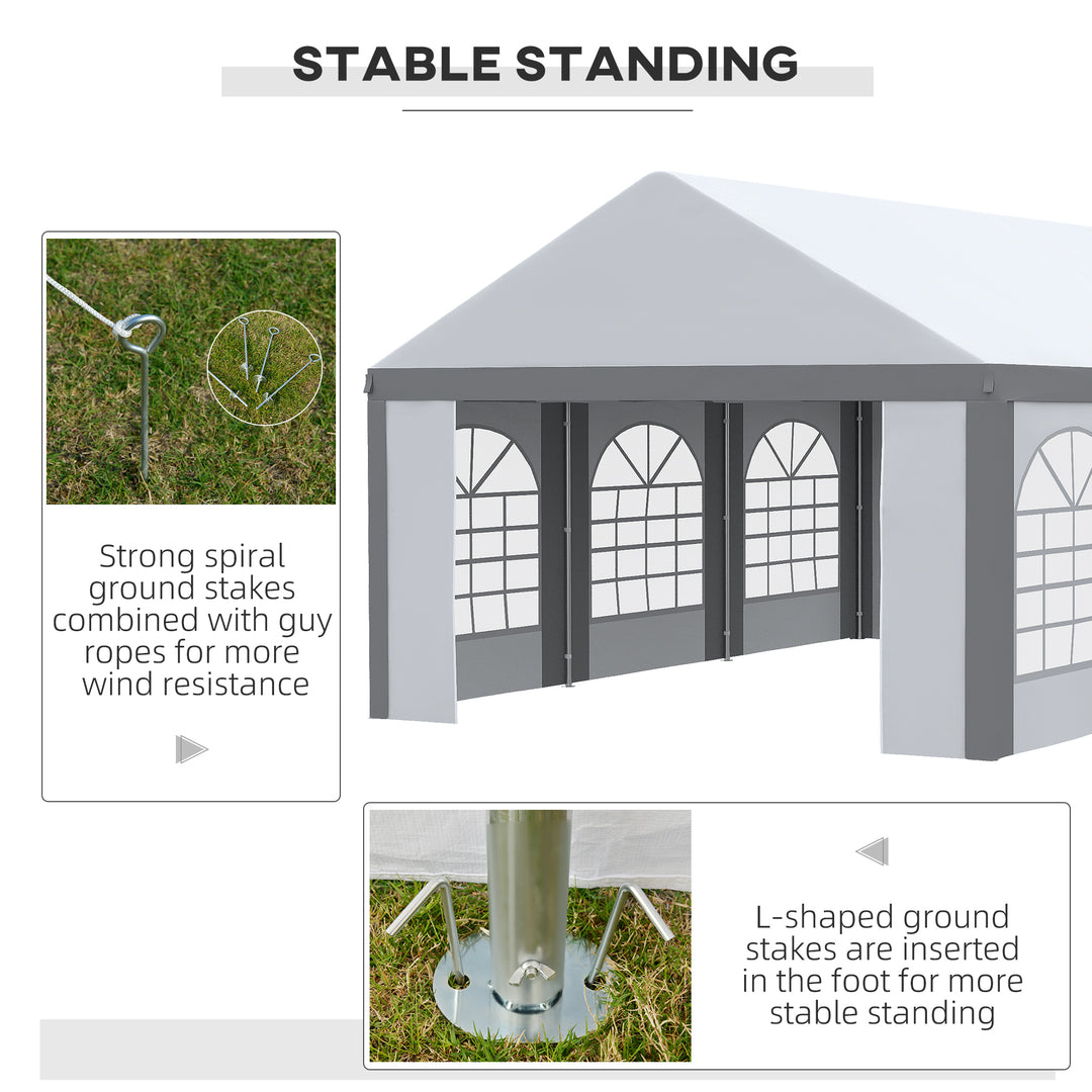 Outsunny 6 x 4m Galvanised Party Tent, Marquee Gazebo with Sides, Six Windows and Double Doors, for Parties, Wedding and Events, White and Grey