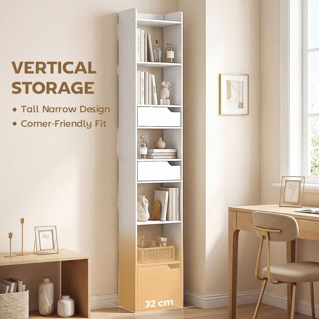 Bookcase Tall Narrow with 5 Tiers and Drawers Freestanding Bookshelf S