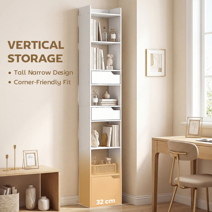 Bookcase Tall Narrow with 5 Tiers and Drawers Freestanding Bookshelf S