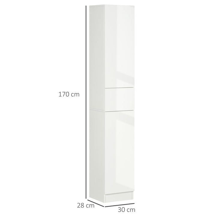 kleankin Tall Bathroom Cabinet with Adjustable Shelves, High Gloss Storage Cupboard, Freestanding Tallboy with Storage Drawer, White