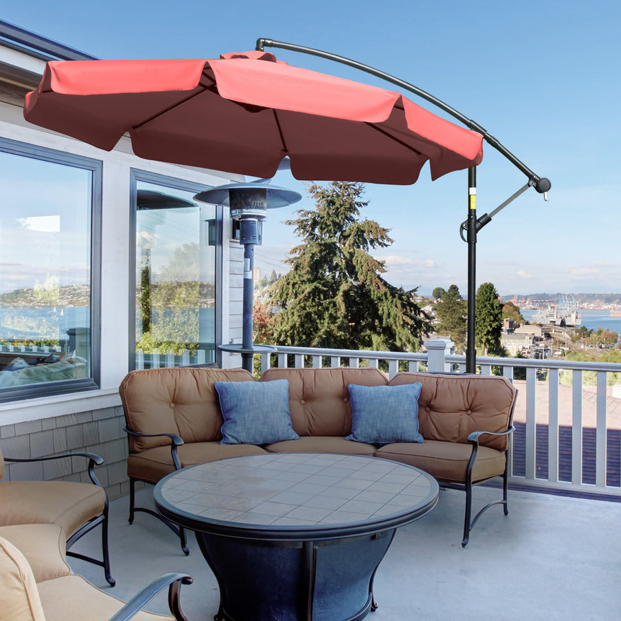 2.7m Garden Banana Parasol Cantilever Umbrella with Crank Handle and Cross Base for Outdoor, Hanging Sun Shade, Wine Red