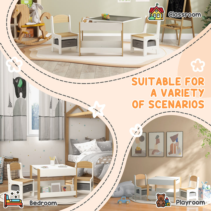 Three-Piece Kids Table and Chair Set with Blackboard, Storage, Bookshelves - Natural Wood