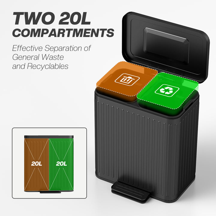 40L Dual Compartment Rubbish Bin, with Soft-Close Lid - Black
