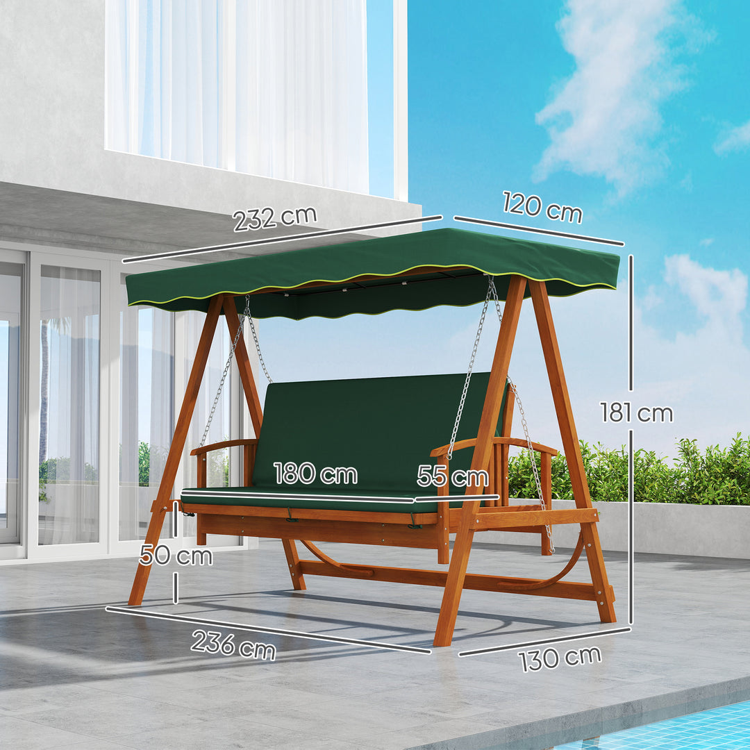 3 Seater 2-in-1 Wooden Garden Swing Seat Swing Chair Outdoor Convertible Hammock Bench Furniture Lounger Bed Wood, Dark Green