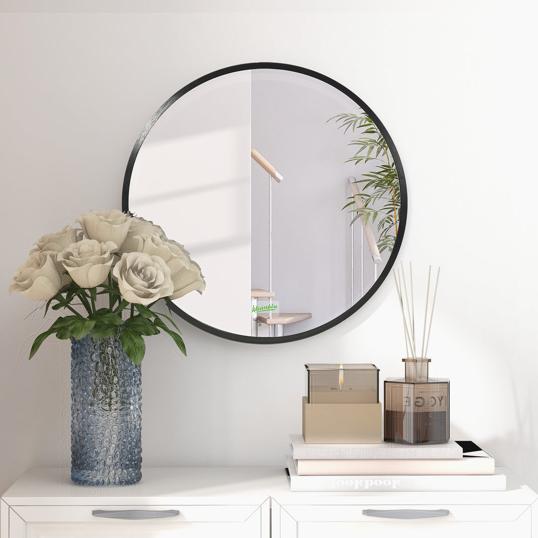 kleankin Round Bathroom Mirror: Wall-Mounted Makeup Mirror with Aluminium Frame, Black | Aosom UK