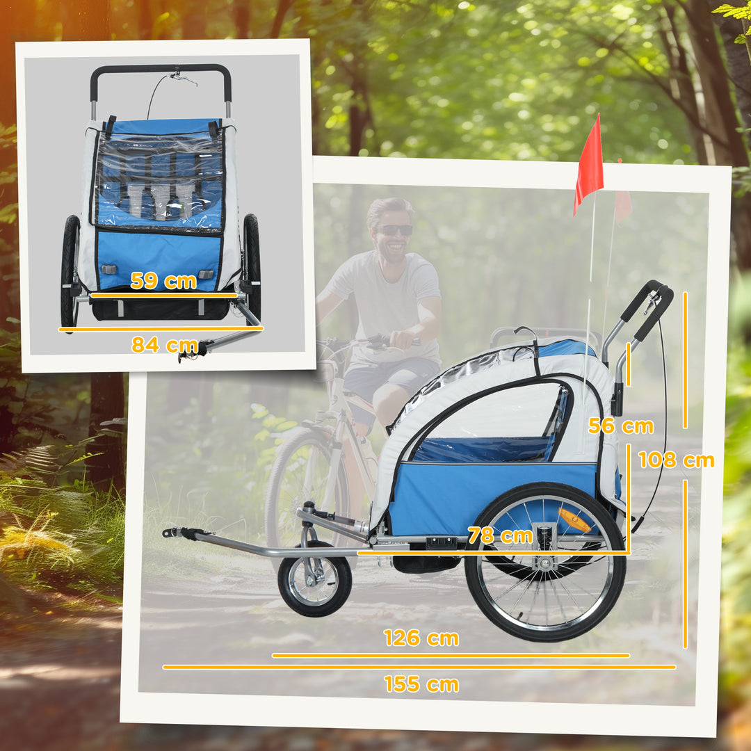 2 Seat Bike Trailer with 5 Point Harness, Baby Bike Stroller with Safety Flag, Reflectors, for 18+ Months, Blue