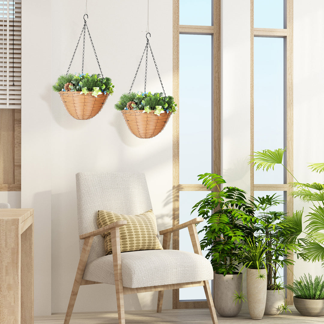 Artificial Flowers in Basket Set of 2, Artificial Hanging Baskets with PE Leaves, 18 Flowers and 3 Pinecones in Pot, Decorative Faux Plant for Home Office Decor, Green
