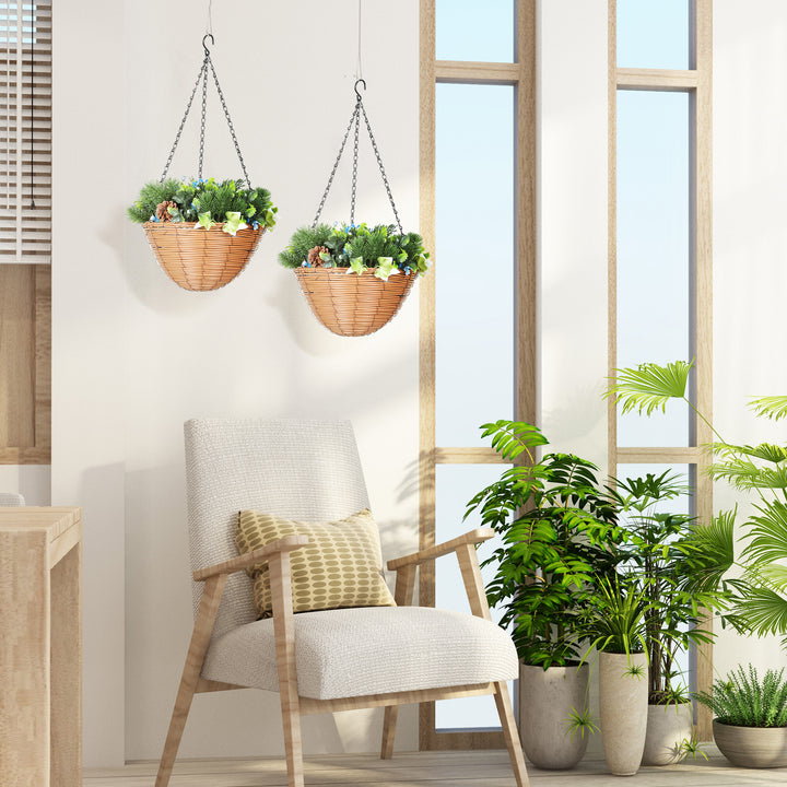 Artificial Flowers in Basket Set of 2, Artificial Hanging Baskets with PE Leaves, 18 Flowers and 3 Pinecones in Pot, Decorative Faux Plant for Home Office Decor, Green