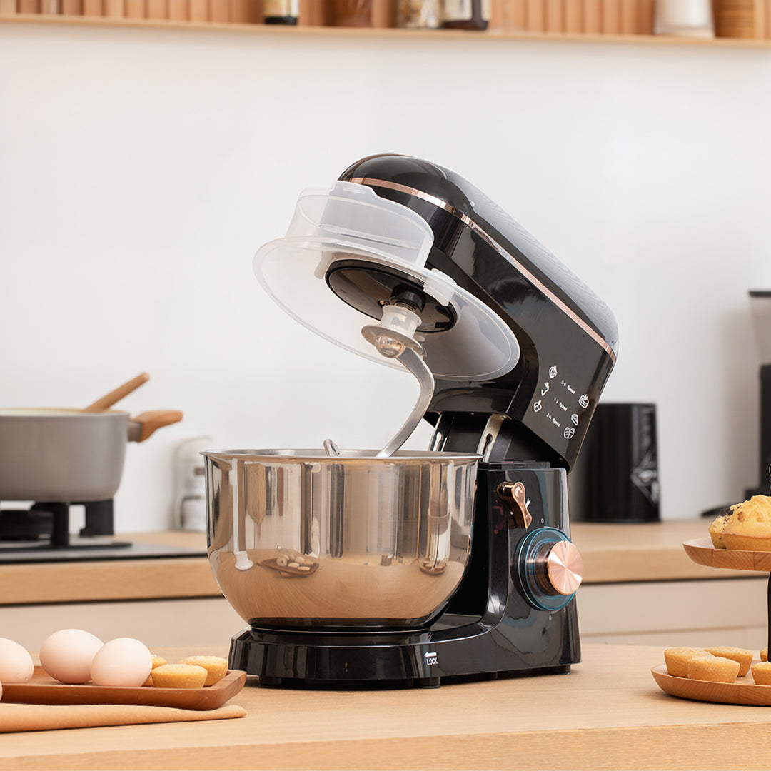Stand Mixer, 5L Food Mixer for Baking, 6 Speeds and Pulse Setting, 1400W Cake Electric Kitchen Mixer with Dough Hook, Whisk, Stainless Steel Bowl, Splash Guard, Beater, Black