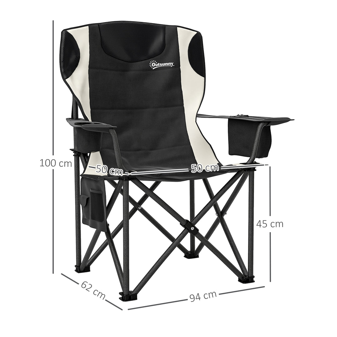 Set of 2 Folding Camping Chairs, Padded Camping Chairs with Adjustable Armrests, Portable & Lightweight Folding Camp Chair with Cooler Bag, Cup Holder and Side Pockets, Black