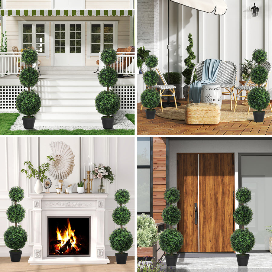 Set of 2 Decorative Artificial Trees, Topiary Ball-shaped Boxwood Trees in Pot, Fake Plants for Home Indoor outdoor Decor, 100cm, Green