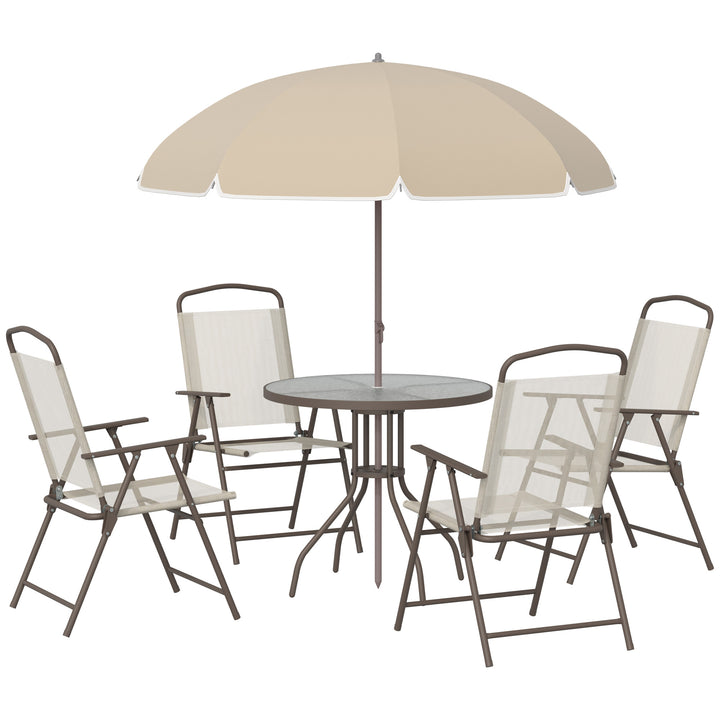 MCL Garden Patio Texteline Folding Chairs Plus Table and Parasol Furniture Bistro Set 6 Pieces - Coffee/Cream