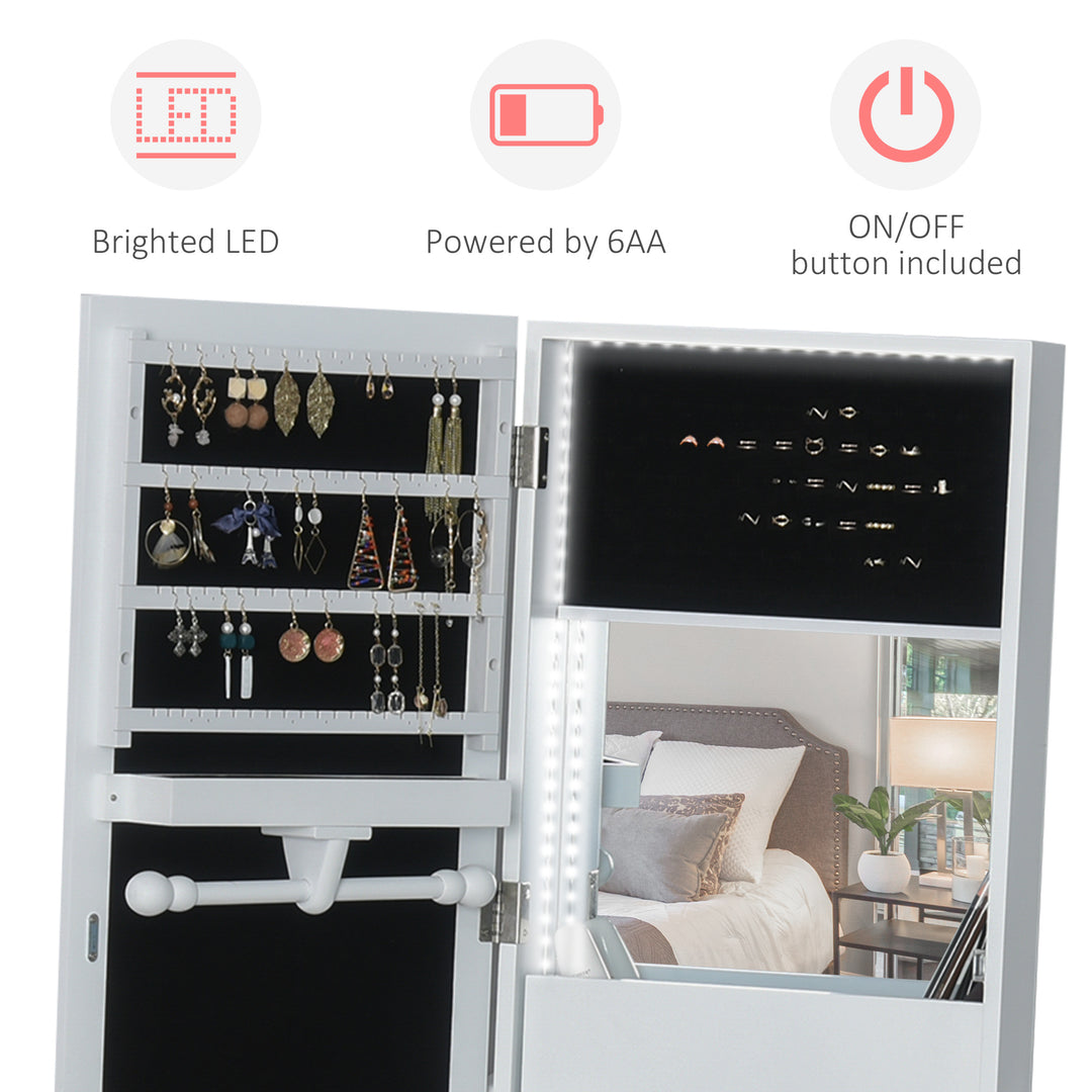 Jewellery Cabinet, Standing Mirror with LED Lights, Full-Length Mirror with Storage Drawers, Hooks and Shelves, Make-Up Armoire, Jewellery Organiser for Bedroom, White