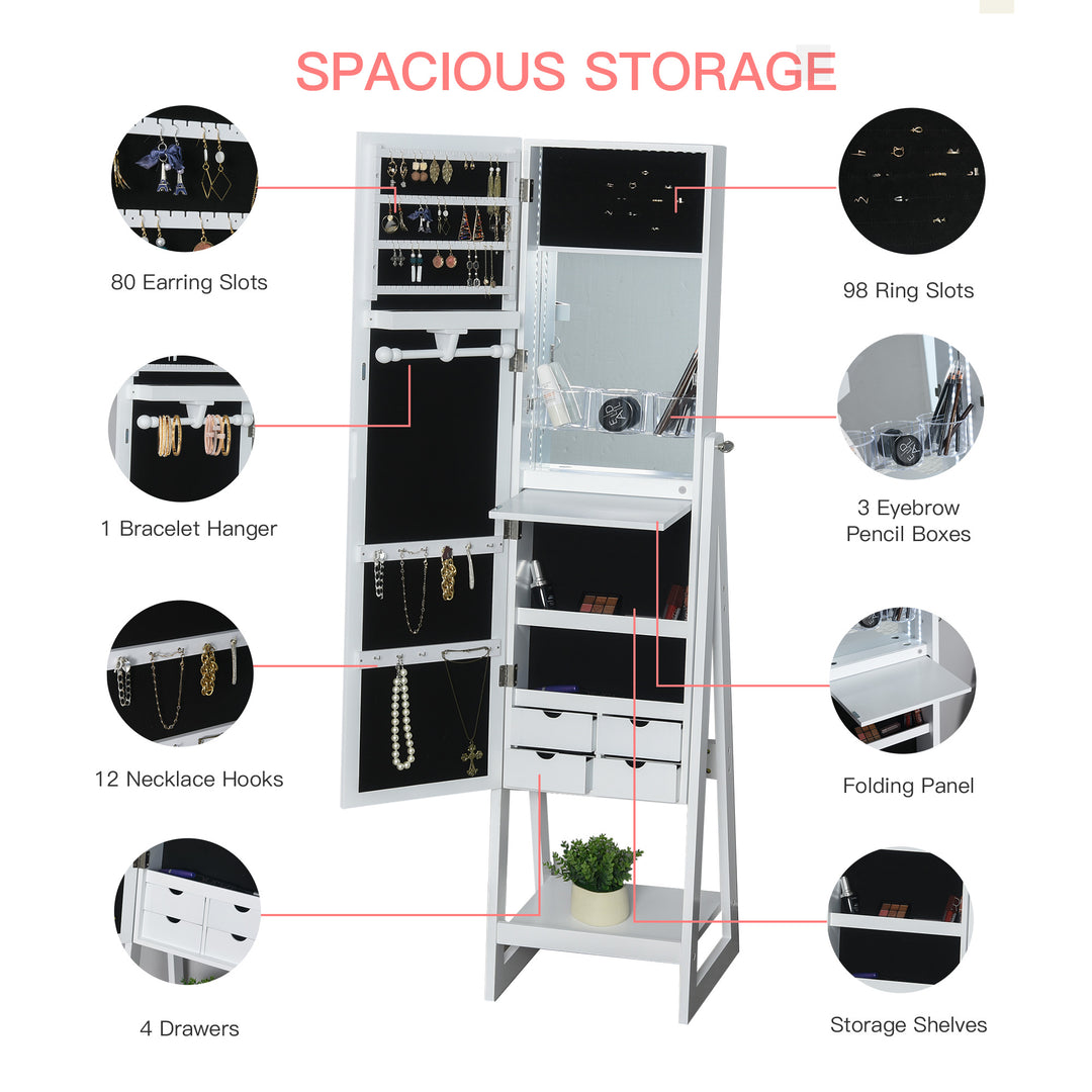 Jewellery Cabinet, Standing Mirror with LED Lights, Full-Length Mirror with Storage Drawers, Hooks and Shelves, Make-Up Armoire, Jewellery Organiser for Bedroom, White