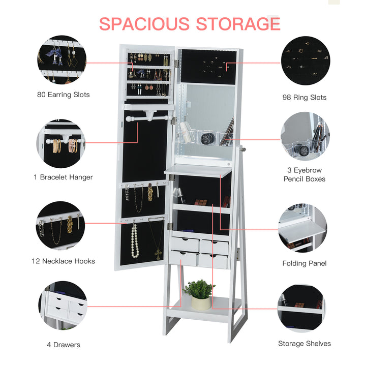 Jewellery Cabinet, Standing Mirror with LED Lights, Full-Length Mirror with Storage Drawers, Hooks and Shelves, Make-Up Armoire, Jewellery Organiser for Bedroom, White