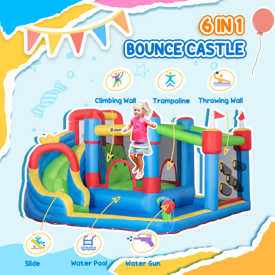 6 in 1 Kids Bouncy Castle, with Water Slide, Water Gun, Climbing Wall, Air Blower for Indoors/Outdoors, 3.9 x 3 x 2m