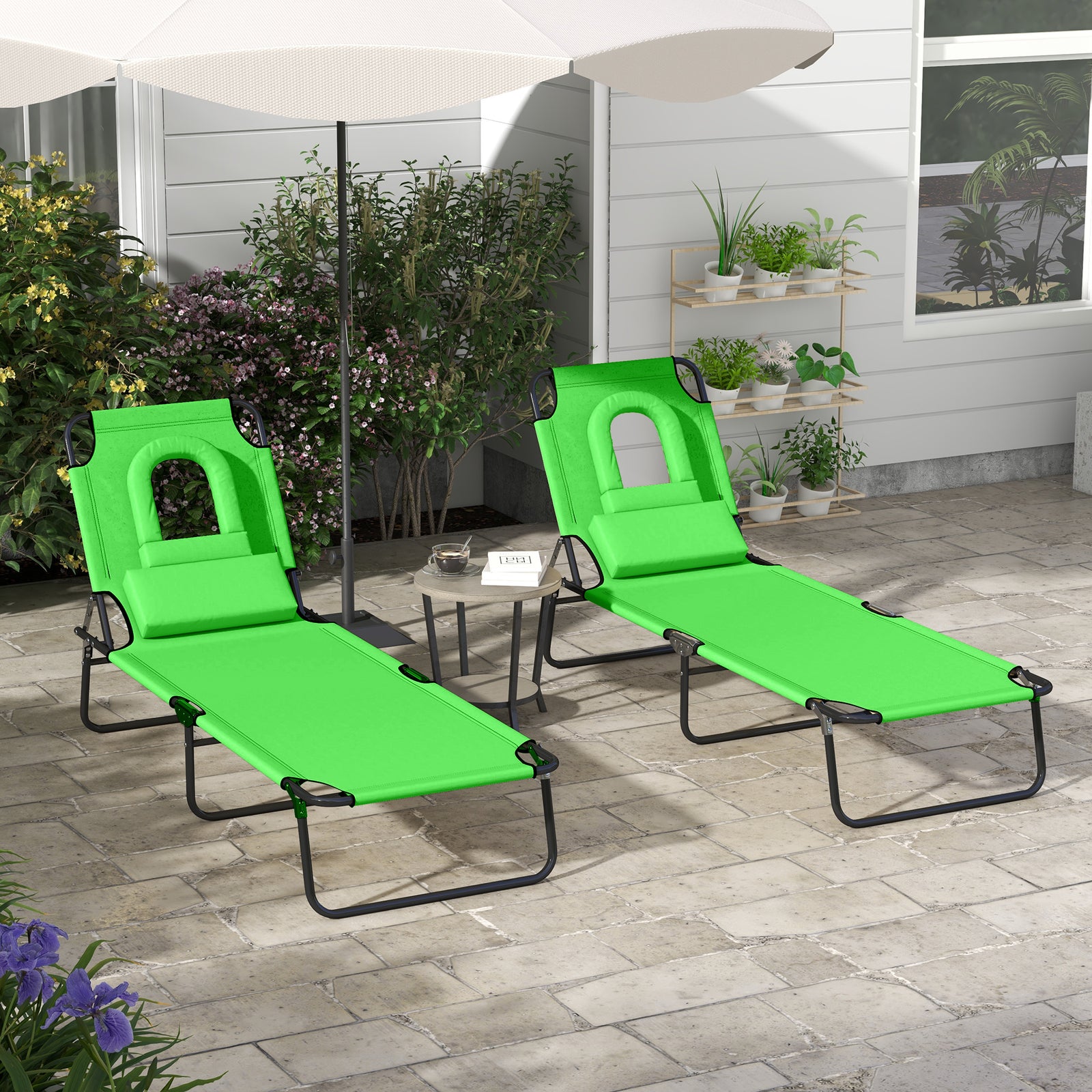 Outdoor Folding Sun Lounger Set of 2 with Face Hole, 4 Level Adjustable Backrest Reclining Garden Lounger, Garden Recliner Sunbed with 600 D Oxford Cloth Seat and Pillow for Beach, Green