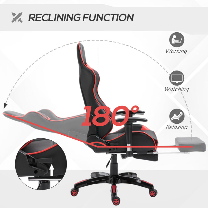 HOMCOM High-Back Gaming Chair Swivel Home Office Computer Racing Gamer Recliner Chair Faux Leather with Footrest, Wheels, Red Black | Aosom UK