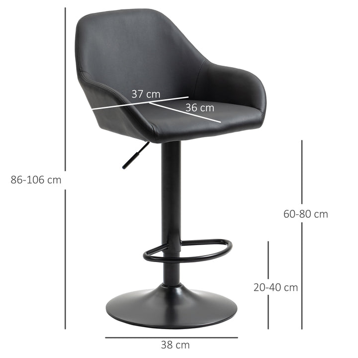Bar Stools Set of 2, Height Adjustable Swivel Barstools, PU Leather Kitchen Stools with Backs, Armrests and Footrest for Home, Counter and Dining Room, Black