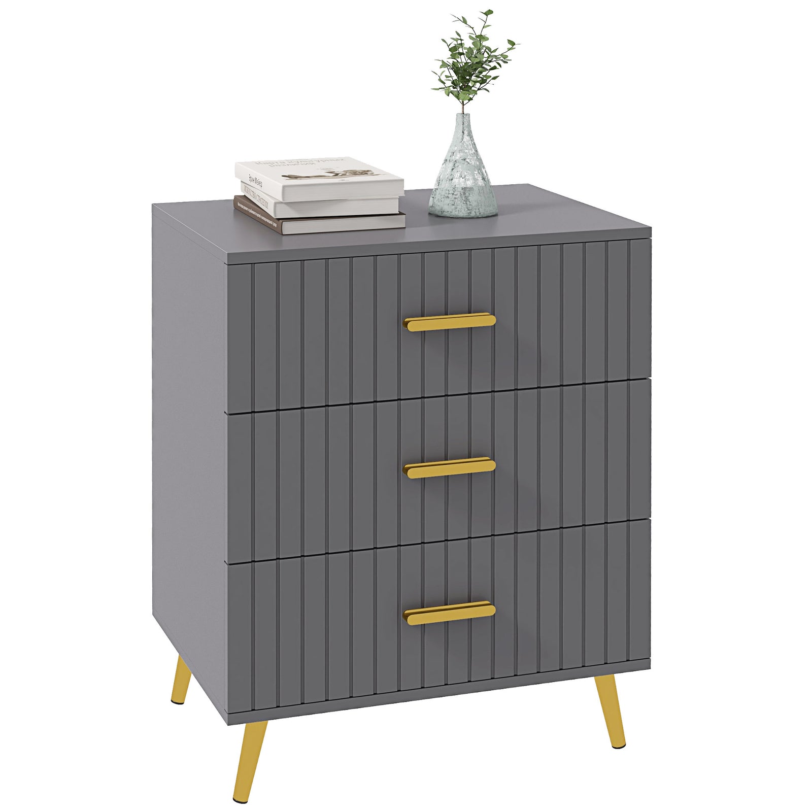 Three Drawer Embossed Line Dresser - Grey/Gold Tone