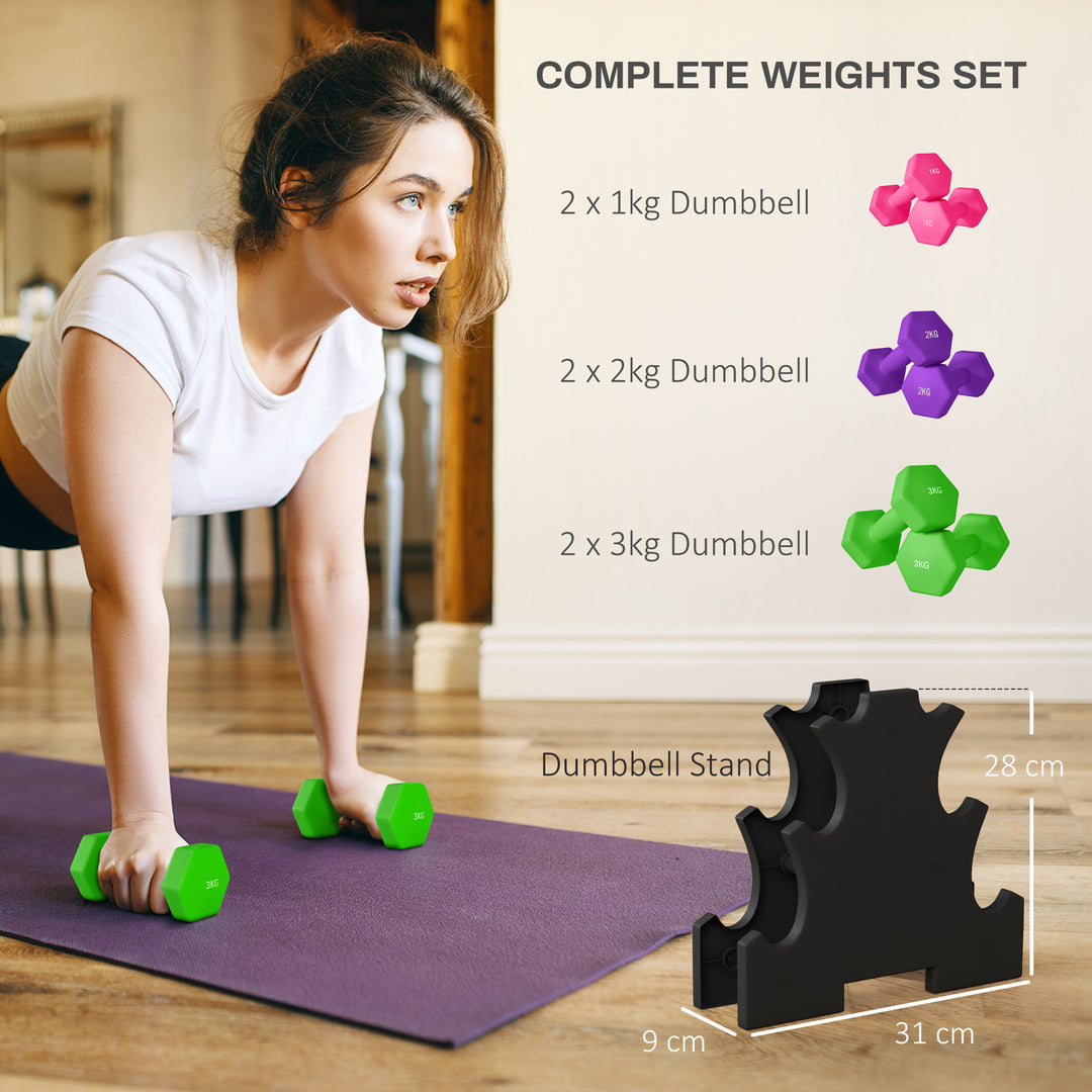 SPORTNOW 2 x 1kg, 2 x 2kg, 2 x 3kg Dumbbells Set with Dumbbell Rack, Hand Weights for Home Gym Training | Aosom UK