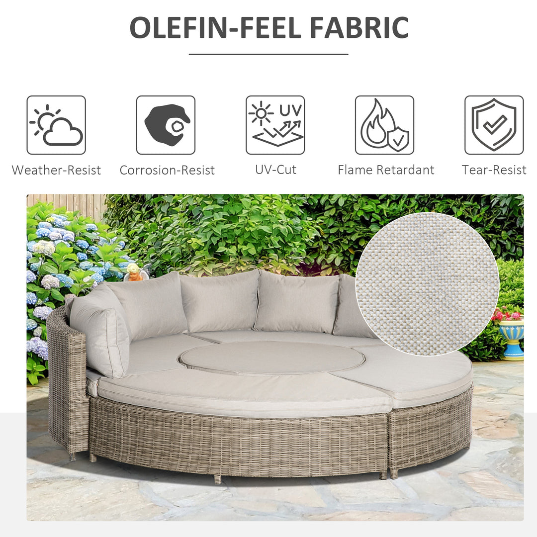 5 Pieces Outdoor PE Rattan Round Garden Daybed with Cushions, Aluminium Patio Furniture Set Lounge Chair Conversation Sofa Set with Liftable Coffee Table and Protect Cover, Grey