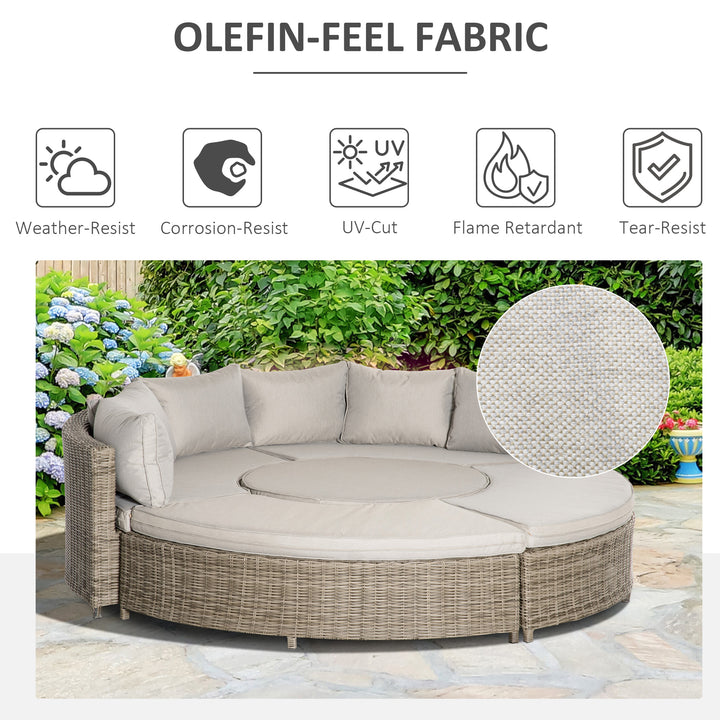 5 Pieces Outdoor PE Rattan Round Garden Daybed with Cushions, Aluminium Patio Furniture Set Lounge Chair Conversation Sofa Set with Liftable Coffee Table and Protect Cover, Grey