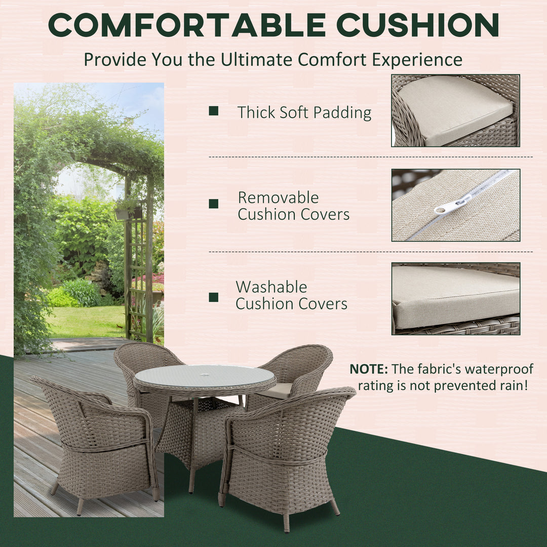4 Seater Rattan Garden Furniture Set with Cushions, Round PE Rattan Dining Set with Glass-Top Table, Umbrella Hole, Outdoor Garden Table and Chairs, Mixed Grey
