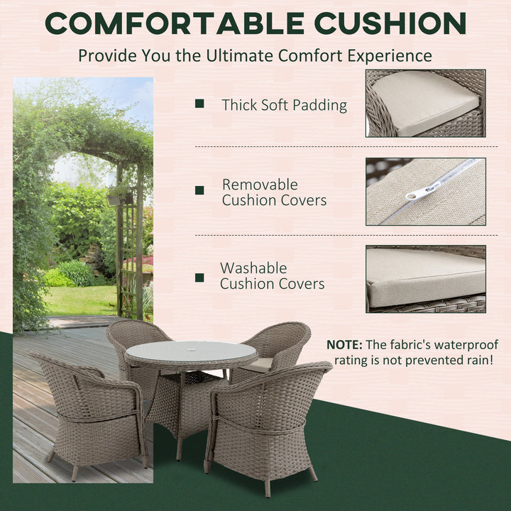 4 Seater Rattan Garden Furniture Set with Cushions, Round PE Rattan Dining Set with Glass-Top Table, Umbrella Hole, Outdoor Garden Table and Chairs, Mixed Grey