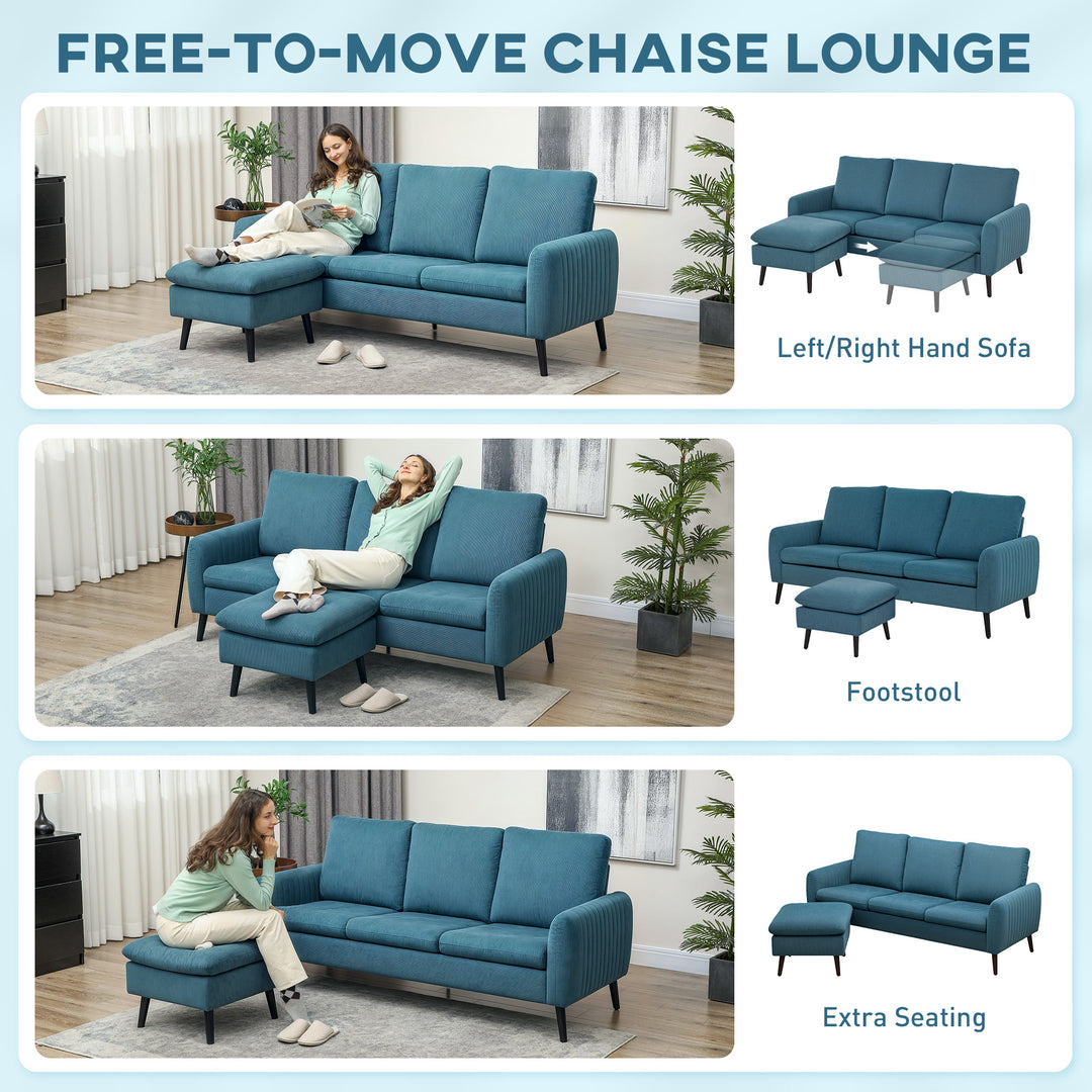 3 Seater Sofa with Ottoman, 196cm Corduroy L-shaped Sofa Couch with Scatter Back, Reversible Chaise Lounge for Living Room, Home Office, Small Spaces, Blue