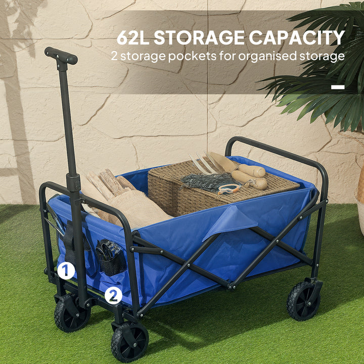 62L Festival Trolley on Wheels, Garden Folding Trolley Cart, 120kg Heavy Duty Collapsible Folding Wagon with Adjustable Handle and Carrying Bag for Beach, Camping, Festival, Blue