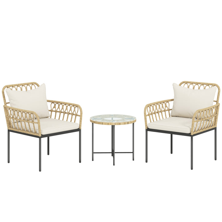 3 Piece Rattan Bistro Set, Wicker Garden Furniture Set with Cushions, Glass Top Coffee Table and Chairs for Outdoor, Patio, Balcony, Beige