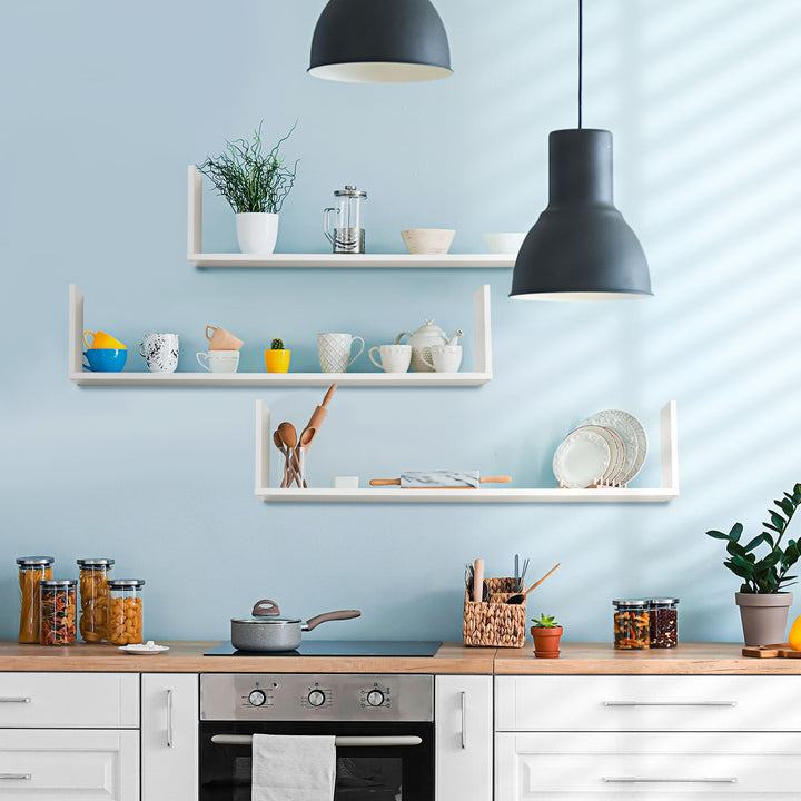 MCL Set of 3 Wooden U-Shaped Floating Shelves Set Wall Mounted Hanging Bookshelf CD DVD Storage Display for Bedroom Living Room Kitchen, White