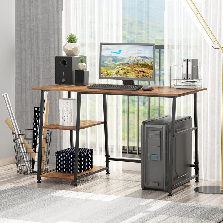120cm Computer Desk with Storage, Industrial Home Office Desk with 2 Tier Shelves and Steel Frame, Computer Table for Study Room, Rustic Brown