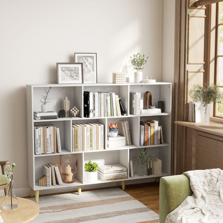 10-Cube Bookcase, 3-Tier Book Shelf with Solid Wood Legs, 140 cm Moder