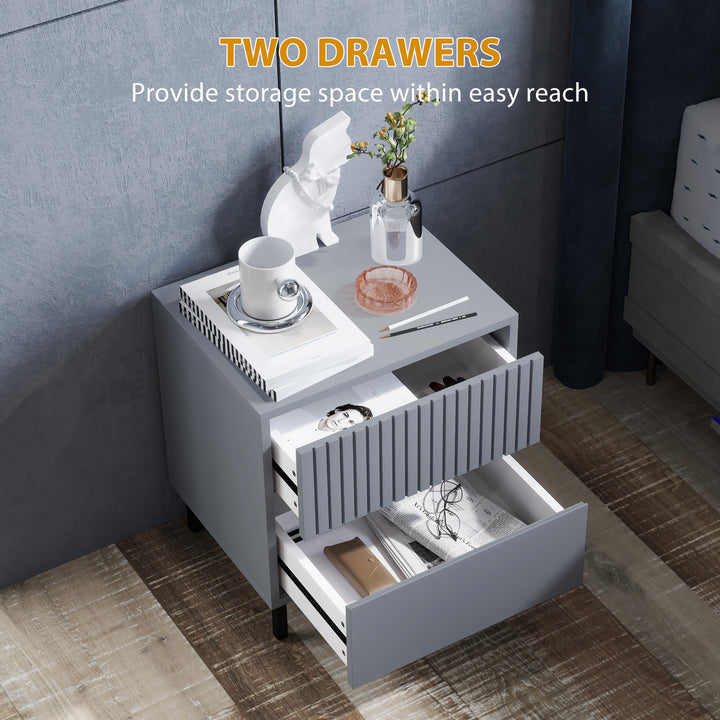 Simple Line Indented Two-Drawer Bedside Table - Grey