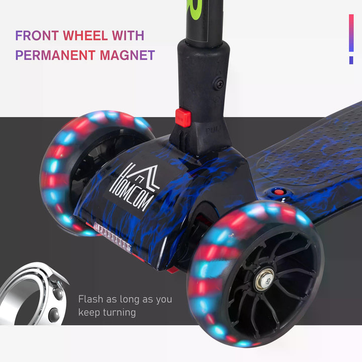 HOMCOM Kids 3 Wheel Kick Scooter Adjustable Height w/ Flashing Wheels Music Water Spray Foldable Design Cool On Off Road Vehicle Blue | Aosom UK