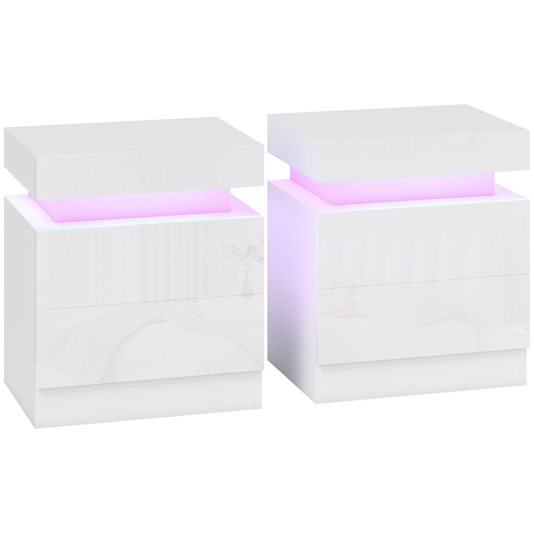White Bedside Table with LED Light, High Gloss Front Nightstand with 2