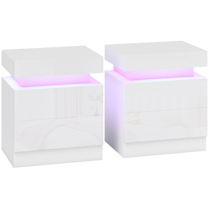White Bedside Table with LED Light, High Gloss Front Nightstand with 2