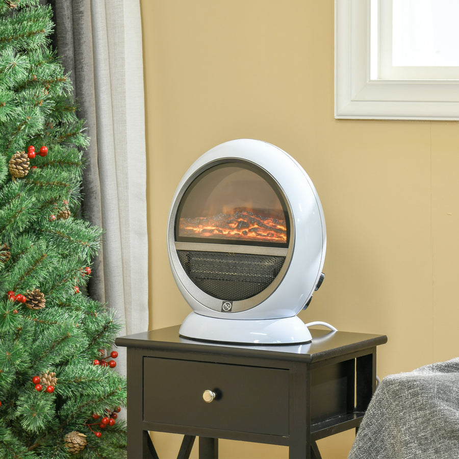 Freestanding Electric Fireplace Indoor Space Table Top Heater with Realistic Flame Effect, Rotatable Head, Overheating Protection, 1500W, White