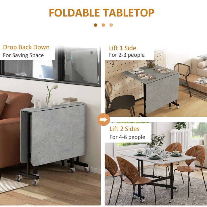 Mobile Drop Leaf Table, Folding Dining Table with 6 Wheels & Brakes, Kitchen Table for Small Spaces, Grey Marble Effect