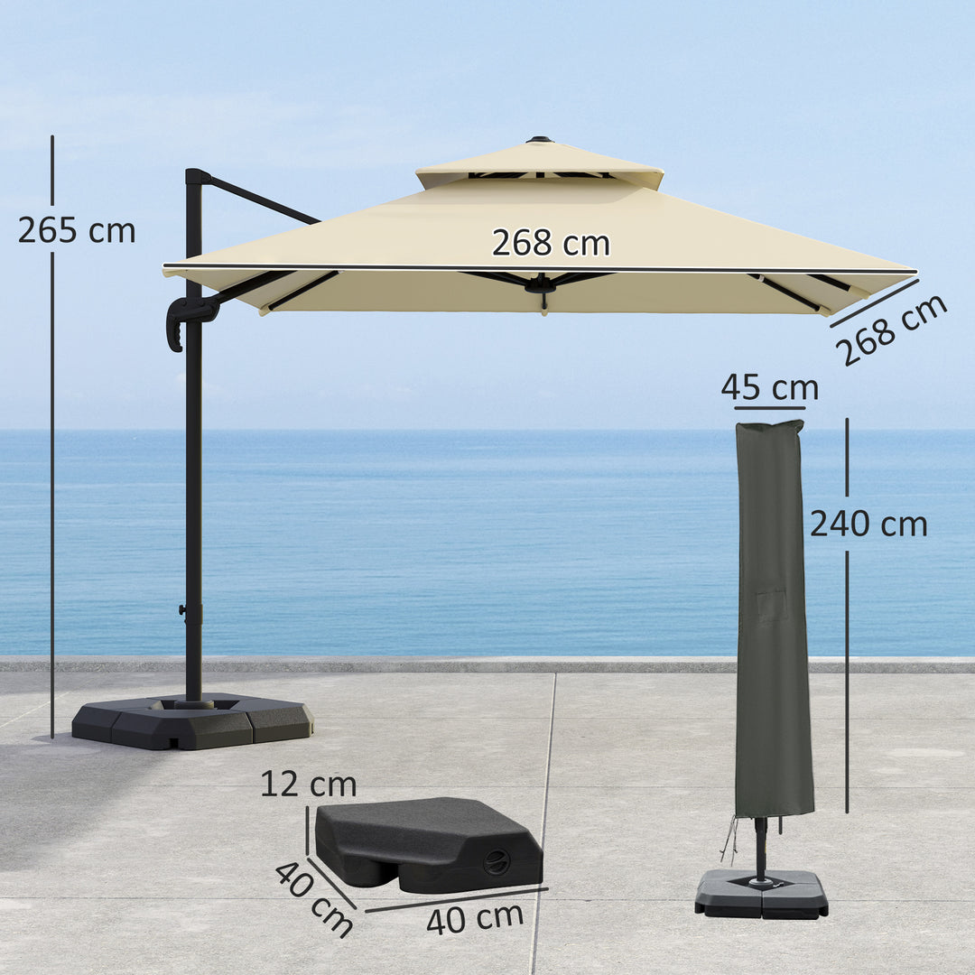 2.7 x 2.7(m) Cantilever Parasol with Aluminium Frame, Crank and Tilt, 360-Degree Rotation, Double Top Garden Umbrella with Base and Cover, Khaki