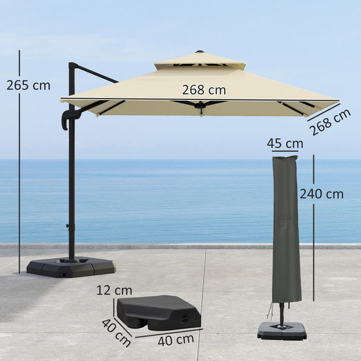2.7 x 2.7(m) Cantilever Parasol with Aluminium Frame, Crank and Tilt, 360-Degree Rotation, Double Top Garden Umbrella with Base and Cover, Khaki