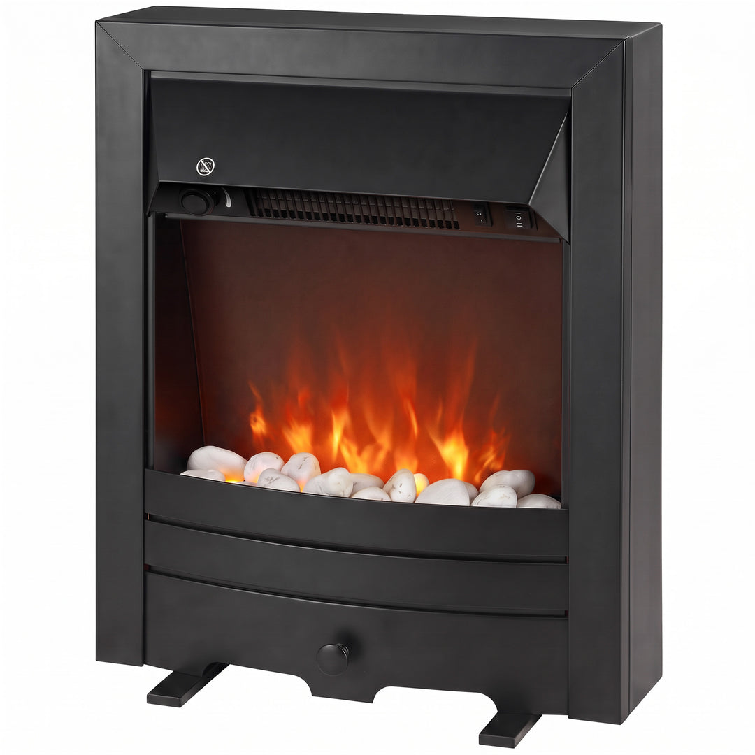 HOMCOM 2KW Stainless Steel Electric Fireplace Pebble Burning Effect Heater Fire Flame Indoor Stove LED Lighting - Black
