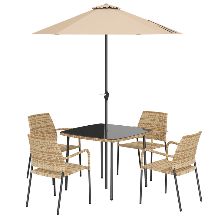 4 Seater Rattan Dining Set with Parasol, 6 Piece Garden Table and Stac