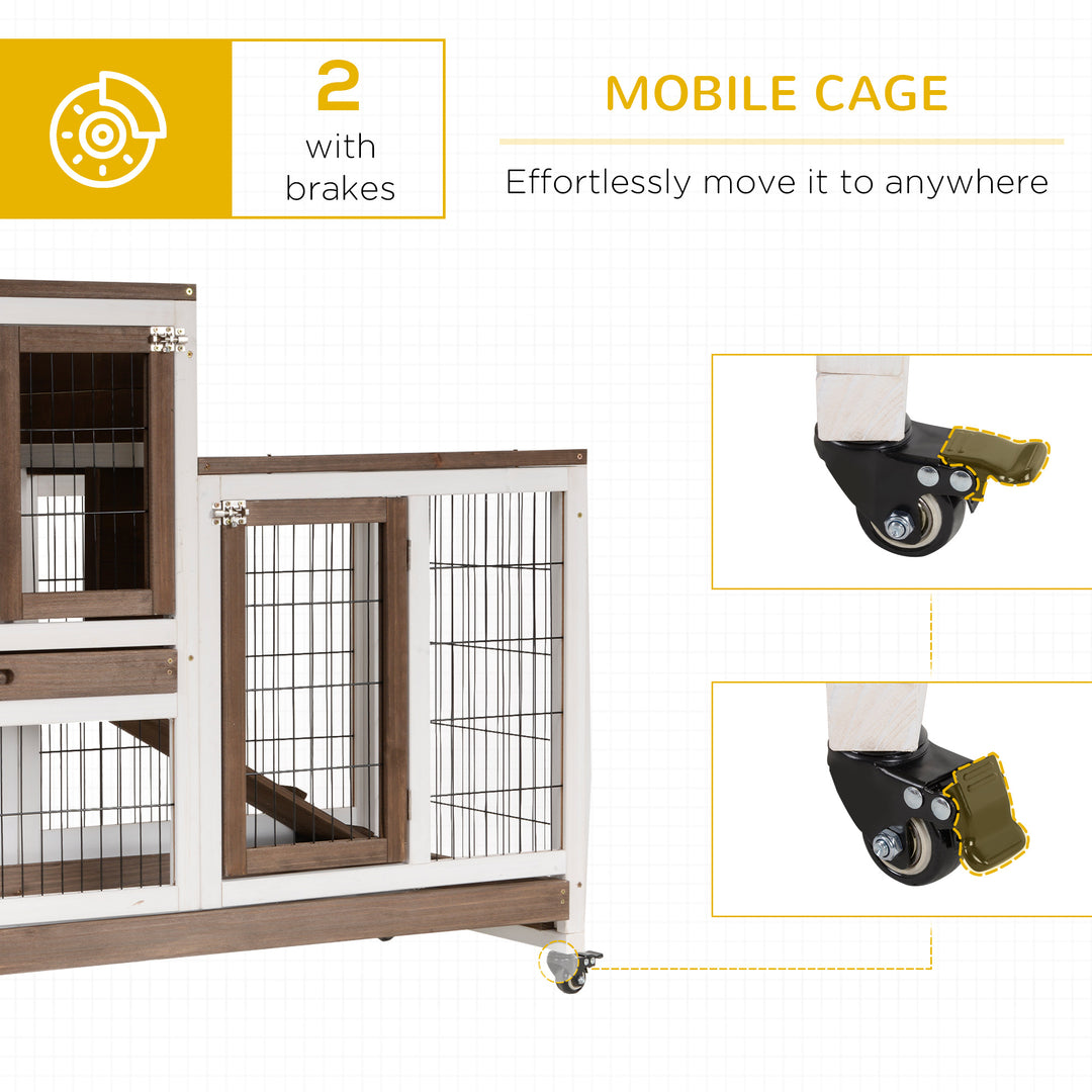 Two-Tier Rabbit Hutch Pet Cage, with Wheels - Brown