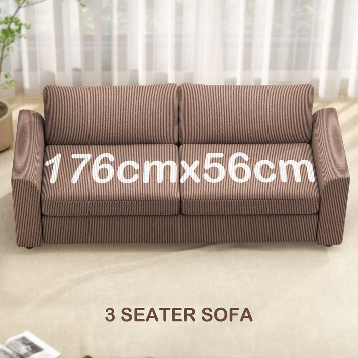 Modern 3 Seater Sofa with Spring Cushion, 212 cm Fabric Jumbo Cord Sofa Couch with 2 Scatter Cushions, Upholstered Corduroy Settee for Living Room, Bedroom, Home Office, Coffee