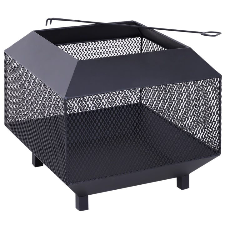 Outsunny Outdoor Fire Pit: Stylish Centrepiece for Alfresco Evenings, Mesh Design with Lid, Log Grate & Poker, Black | Aosom UK