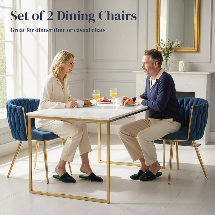 Velvet-Feel Dining Chairs Set of 2, Modern Upholstered Kitchen Chairs with Woven Backrest and Armrests, Metal Legs and Padded Seat for Dining Room, Bedroom, Living Room