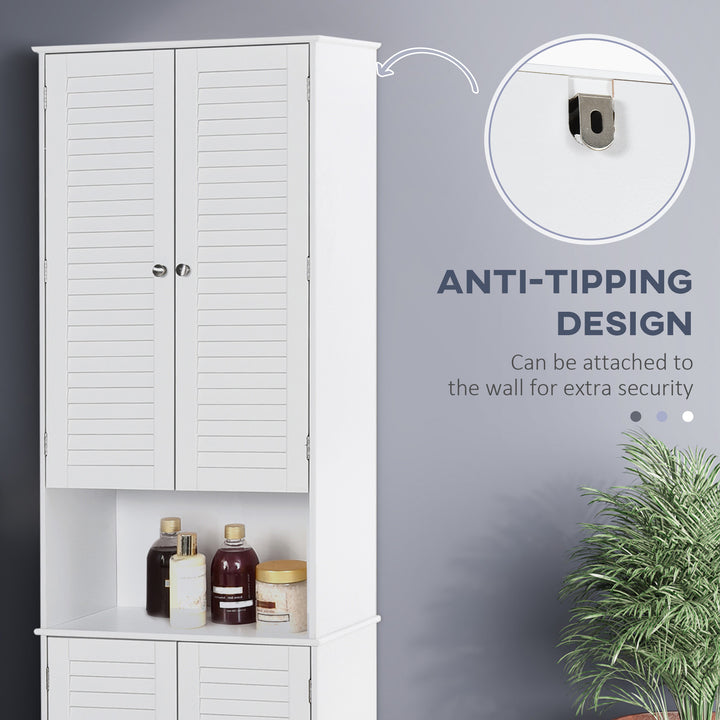 Tall Freestanding Bathroom Cabinet Retro Shutters w/ 3 Compartments Shelves Elevated Base Narrow Organiser White 60L x 30W x 182.5H cm